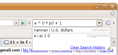 Given an input of “e ^ (i * pi) + 1”, the first result
reads “nannan i U.S. dollars”.
