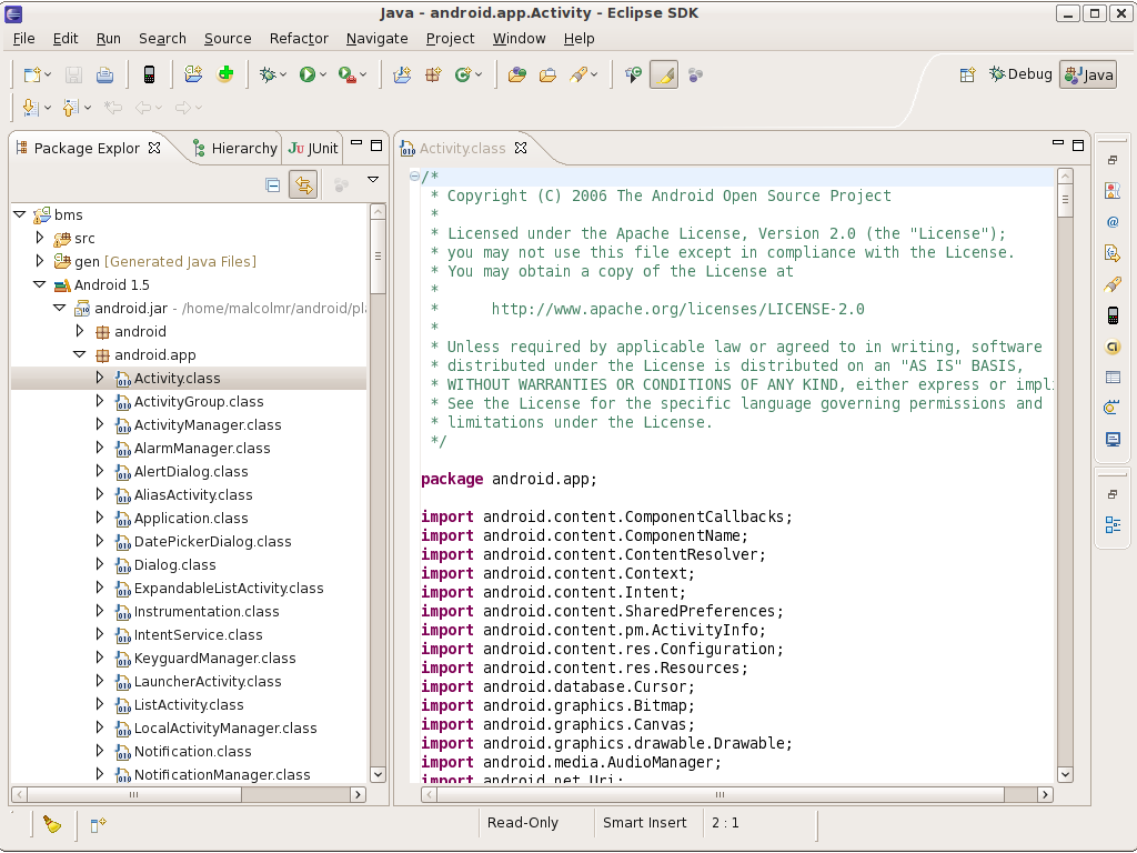 After changing the above, Eclipse shows the Android
android.app.Activity source rather than the Java bytecode.