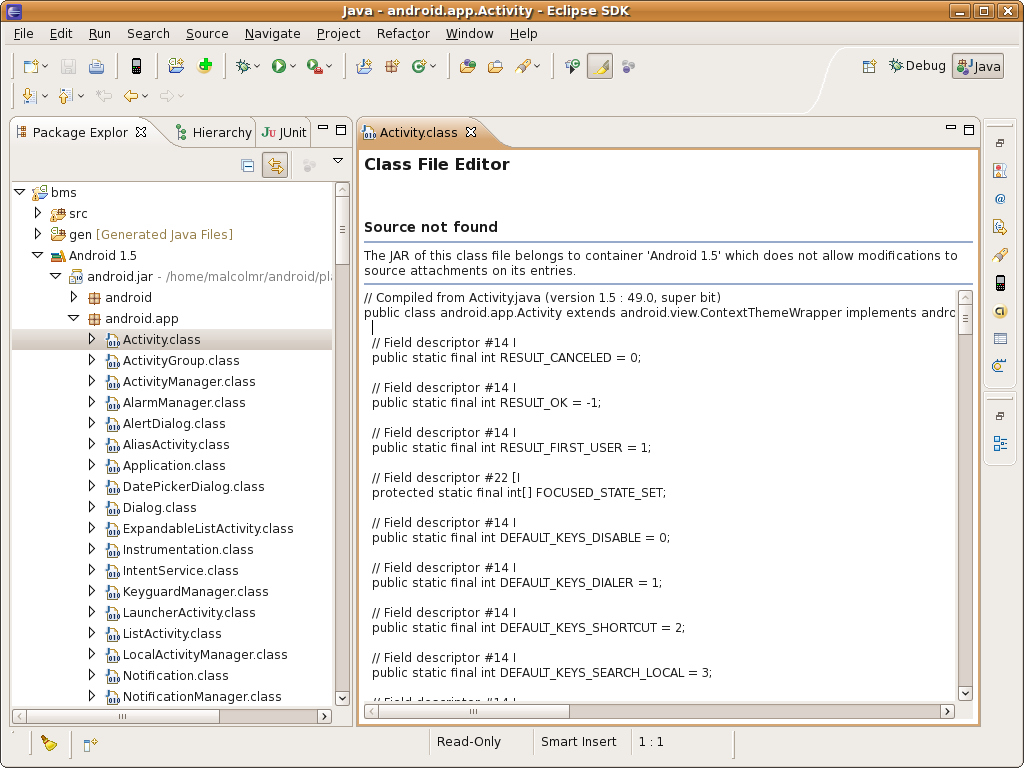 By default, Eclipse shows disassembled Java bytecode instead of the
Android android.app.Activity class.