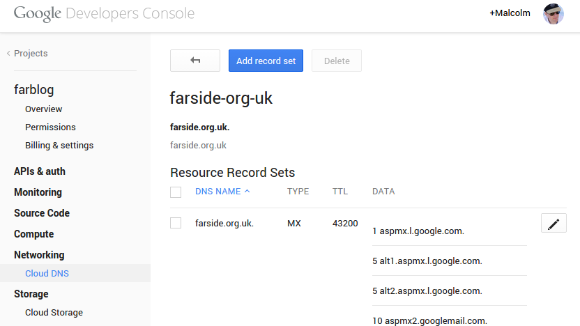 The Google Cloud DNS editor lists
individual resource records, along with facilities for in-place editing,
creation and deletion.